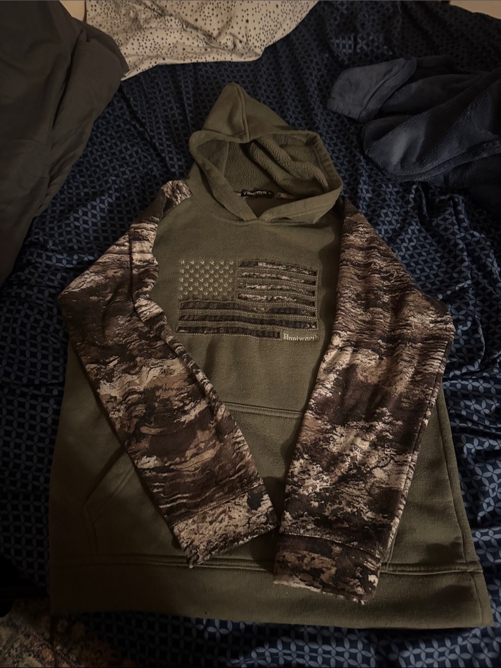 Kids Performance Hoodie Jacket in Olive Green with Camo Sleeves